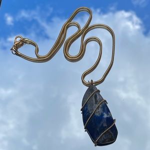 Vintage chunky lapis stone pendant on snake chain blue gold